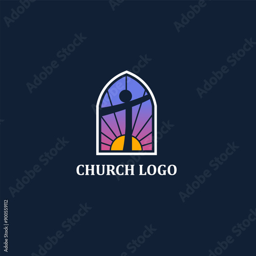 Tinted Church Window with a person praying with wide open arms. Church logo with multicolored stained glass and a prayer silhouette. Best used for christian church or schools as a logo symbol. 