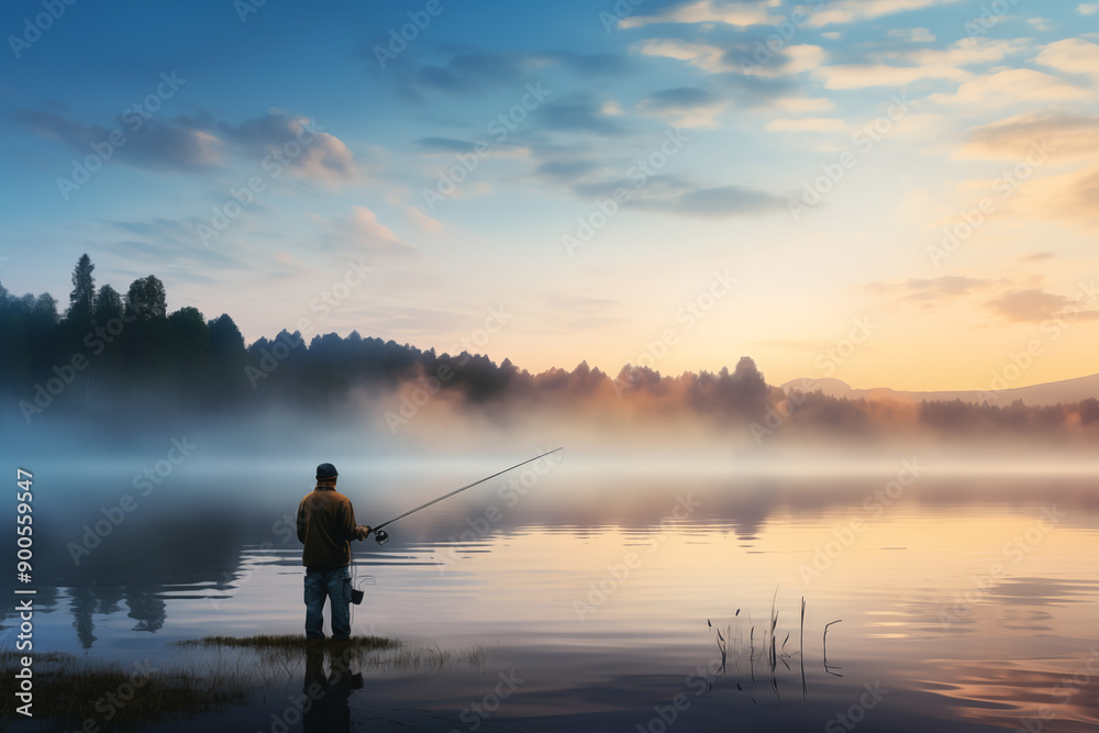 Serene Morning: Man Fishing on Peaceful Lake at Dawn with Misty Waters Serene Morning: Man Fishing on Peaceful Lake at Dawn with Misty Waters