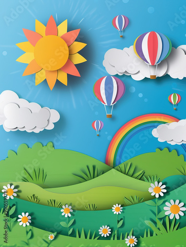 Paper Cuttings style 3D blue sky, white clouds, grassland, rainbow background illustration
