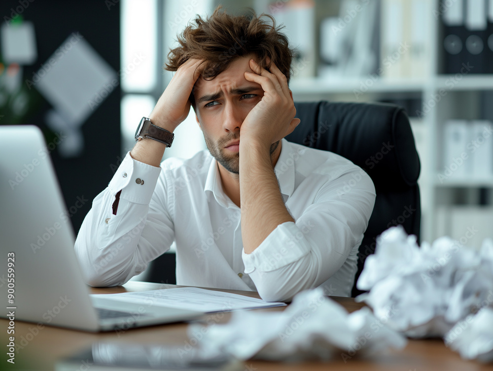 Exhausted energy of office worker: tired man in the office, sitting at his desk with a computer, surrounded by crumpled paper and work documents, experiencing stress and overload from work. Exhausted energy of office worker: tired man in the office, sitting at his desk with a computer, surrounded by crumpled paper and work documents, experiencing stress and overload from work.