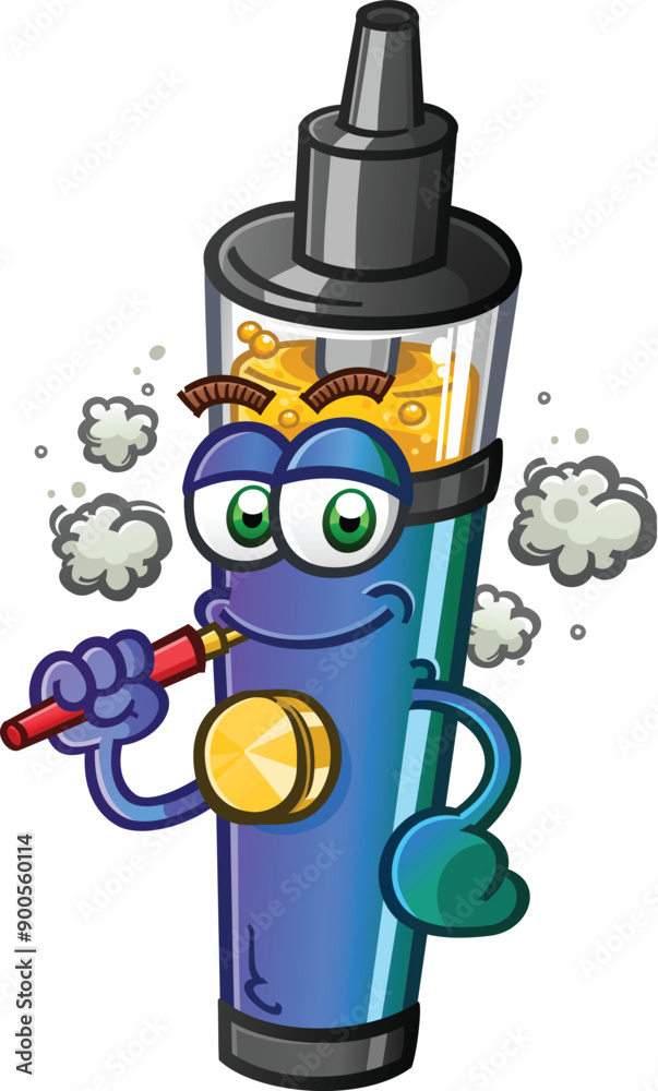 Electronic cigarette vape pen cartoon character holding a smaller vaporizer and smoking safe vapor and releasing puffs of smoke into the air, vector clip art illustration Electronic cigarette vape pen cartoon character holding a smaller vaporizer and smoking safe vapor and releasing puffs of smoke into the air, vector clip art illustration