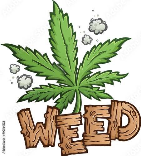 Cartoon marijuana leaf surrounded by puffs of cannabis smoke behind the word weed written in a wooden letter font 