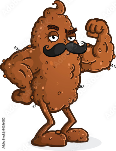 Tough poop cartoon character bodybuilder flexing his rippling muscles and sporting a retro style mustache and a raised eyebrow, clip art illustration