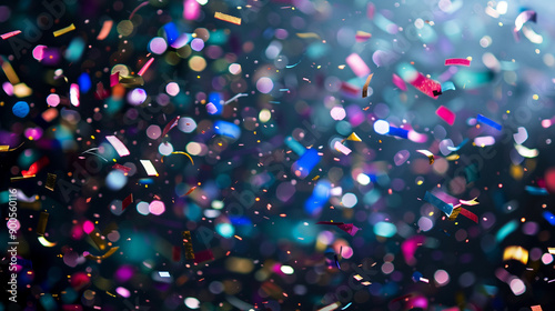 Close-up of shimmering confetti falling against a dark background
