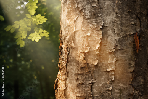 Textured bark of a tree in a summer forest with sunlight filtering through leaves photo