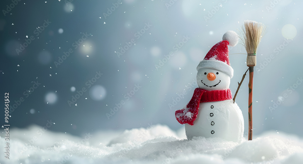 Fototapeta premium Festive Snowman with Red Scarf and Santa Hat Holding a Broom in a Winter Wonderland with Falling Snow