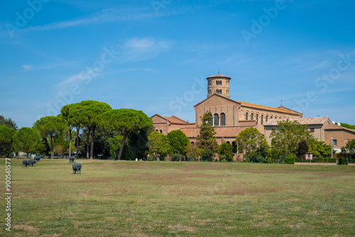 Exterior of Basilica of Sant’Apollinare in Classe, which has important examples of early Christian Byzantine art and architecture. Ravenna, Emilia Romagna, Italy, Europe.