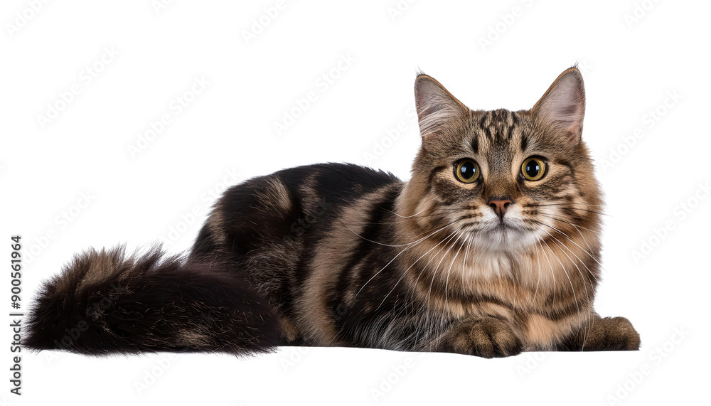 A charming tabby cat lounges gracefully, showcasing its beautiful fur and expressive eyes. Perfect for pet lovers and animal lovers alike.