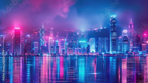 A city skyline with neon lights reflecting on the water © Agus