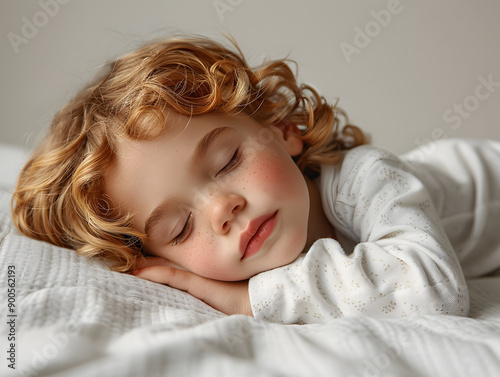 A young child peacefully sleeping in bed