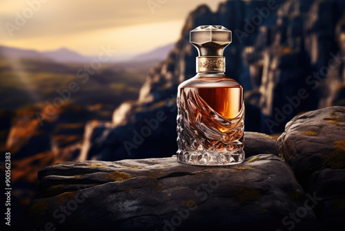 generated illustration glass bottle of strong scotch whisky on rock surface