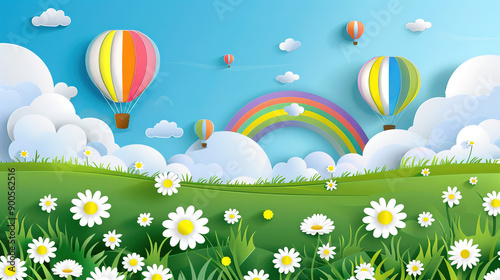 Paper Cuttings style 3D blue sky, white clouds, grassland, rainbow background illustration