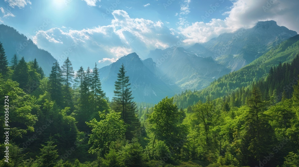 Fototapeta premium A beautiful mountain landscape with a bright blue sky and a few clouds