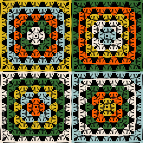 Pattern with crochet granny square wallpaper handmade decorative art design print 