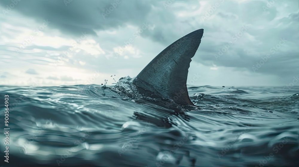 Naklejka premium Closeup View Of A Shark Fin Emerging From Ocean Water Under Dramatic Sky