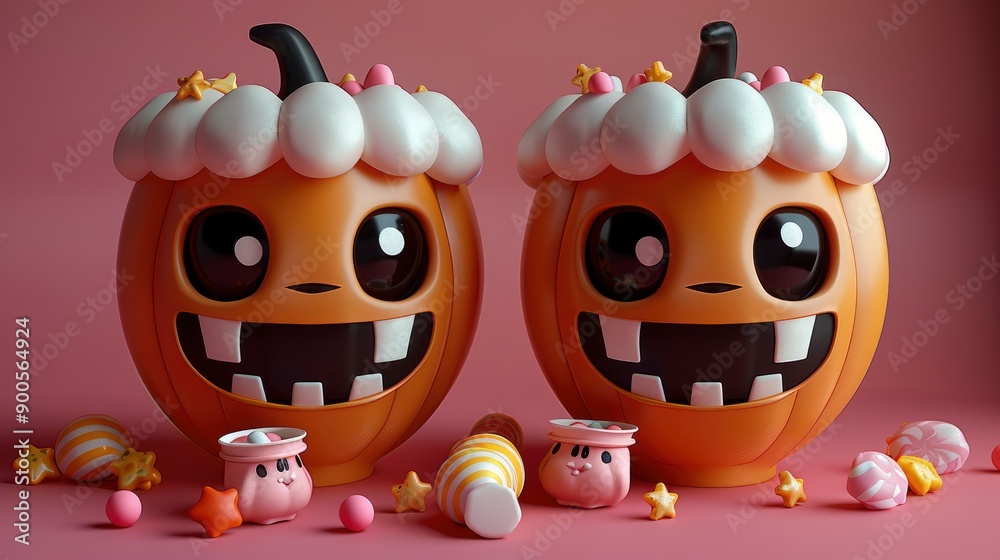 Obraz premium Cute Cartoon Pumpkins with Whipped Cream and Candy
