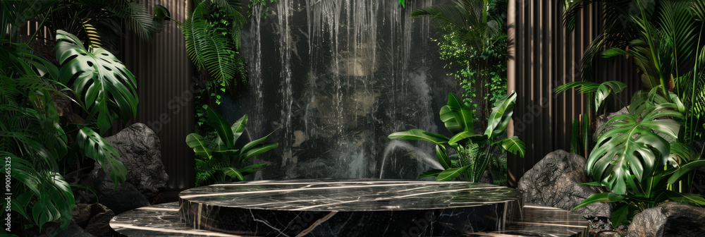 Captivating Indoor Waterfall Surrounded by Lush Greenery in Modern Tropical Oasis Captivating Indoor Waterfall Surrounded by Lush Greenery in Modern Tropical Oasis