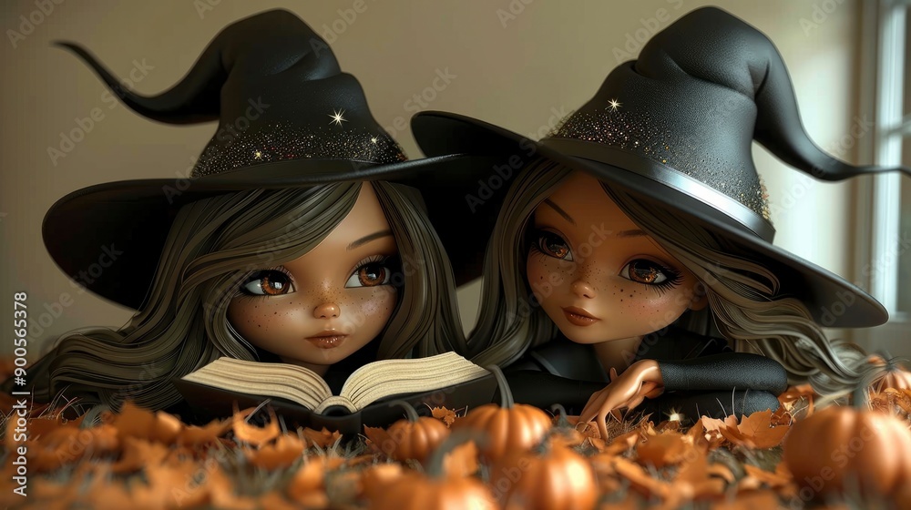 Two Cute Witches Reading a Book Together Two Cute Witches Reading a Book Together