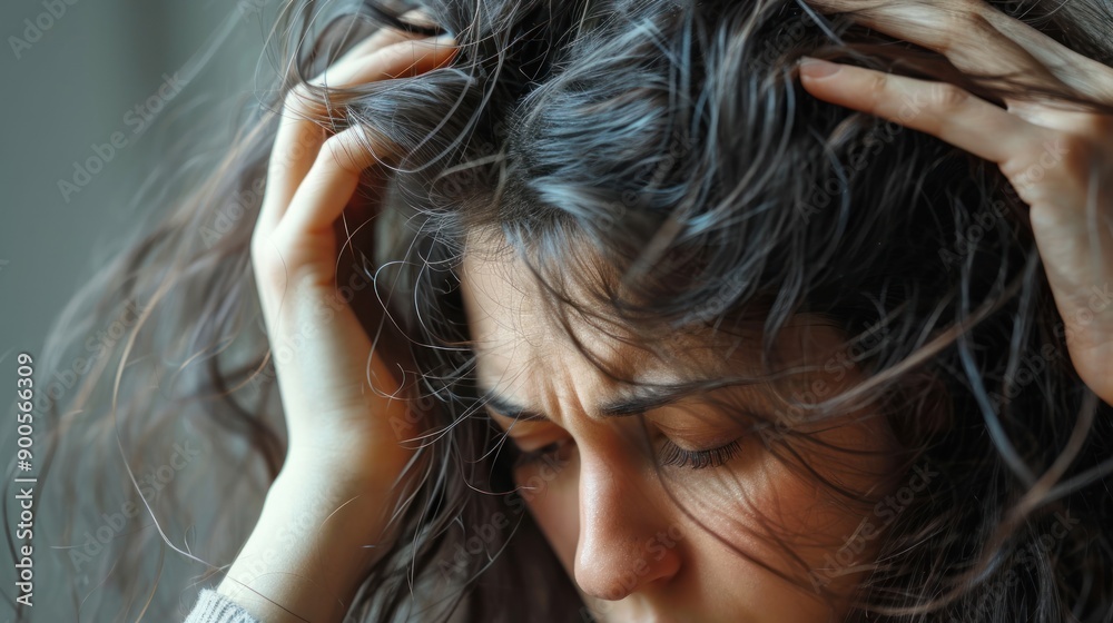 Obraz premium woman very sad and upset looking at damaged hair, hair loss, hair thinning problem, vitamin deficiency, baldness, postpartum, biotin, zinc, menstrual or endocrine disorders, hormonal imbalance