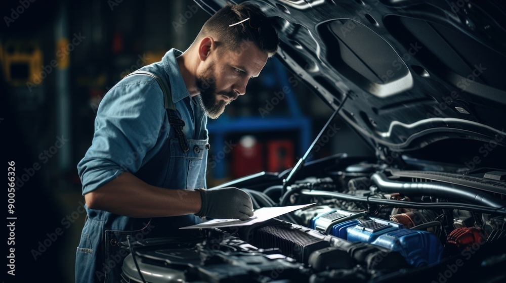 mechanic is doing the annual car inspection. Car repair shop is ready to serve. Car mechanic inspects car engine problems technical inspection engine safety Maintenance Changing the engine oil mechanic is doing the annual car inspection. Car repair shop is ready to serve. Car mechanic inspects car engine problems technical inspection engine safety Maintenance Changing the engine oil