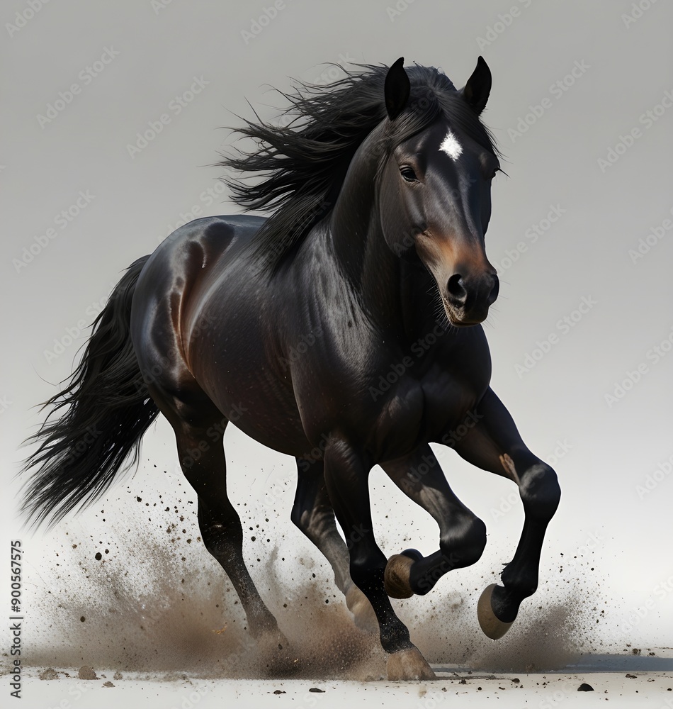 A white background portrait of a black stallion with a long mane in motion A white background portrait of a black stallion with a long mane in motion
