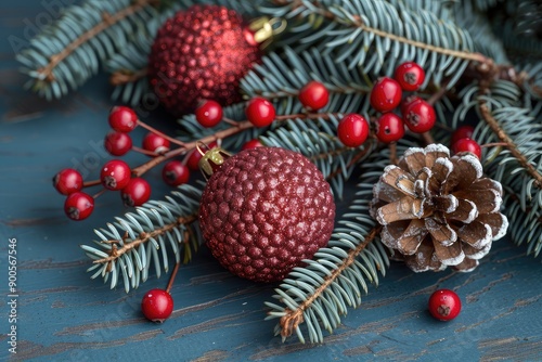 Festive Christmas decoration with red ornaments, berries, pine cone, and fir branches on a rustic wooden background. photo