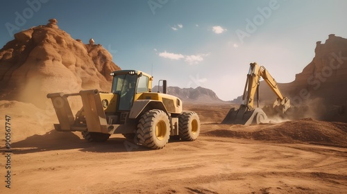 Construction Machinery Working in a Desert Landscape