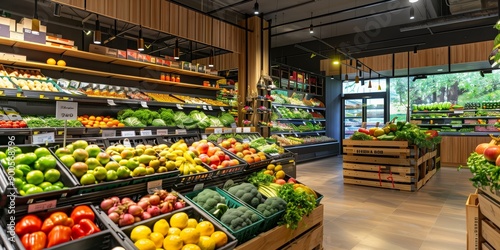 Fototapeta Naklejka Na Ścianę i Meble -  A supermarket with lots of fresh and healthy fruits and vegetables on shelves