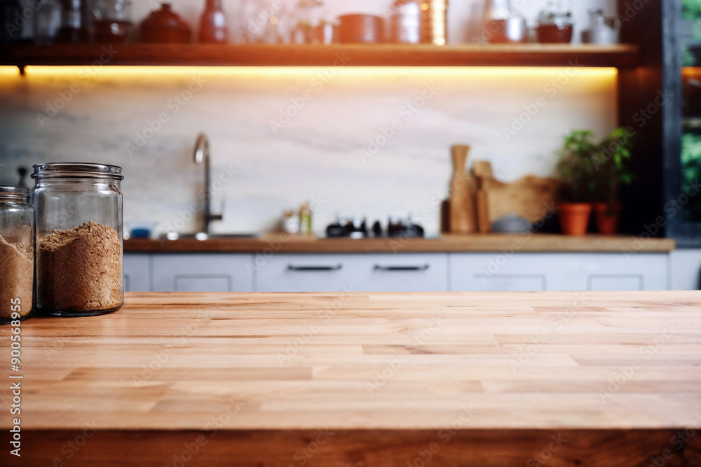 Empty wooden tabletop with glass jars containing ingredients and blurred kitchen background