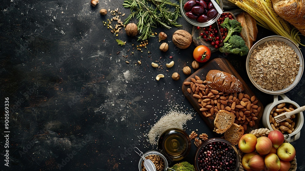 Colorful Array of Whole Foods Spread on a Rustic Table for a Healthy Meal Colorful Array of Whole Foods Spread on a Rustic Table for a Healthy Meal