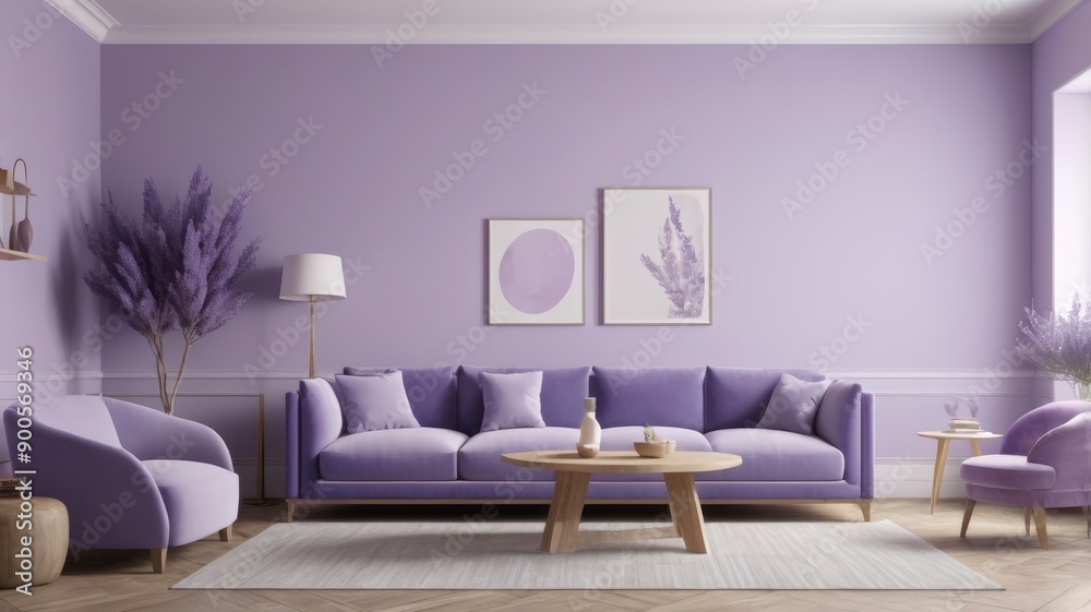 3D rendering of living room with lavender walls and blue violet sofa, Very Peri color trend