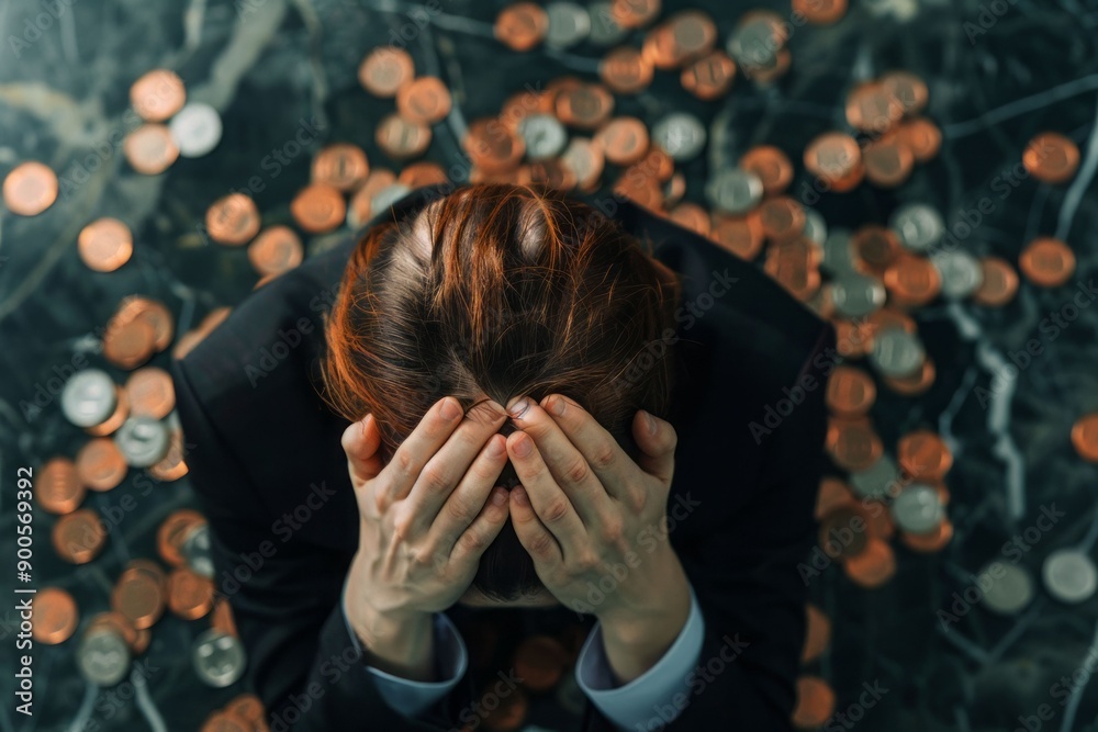 A distressed individual with hands on their head surrounded by scattered coins, symbolizing financial trouble and anxiety. A distressed individual with hands on their head surrounded by scattered coins, symbolizing financial trouble and anxiety.