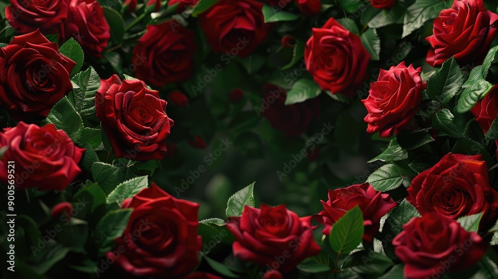 A bundle of fresh red roses surrounded by lush green leaves A bundle of fresh red roses surrounded by lush green leaves