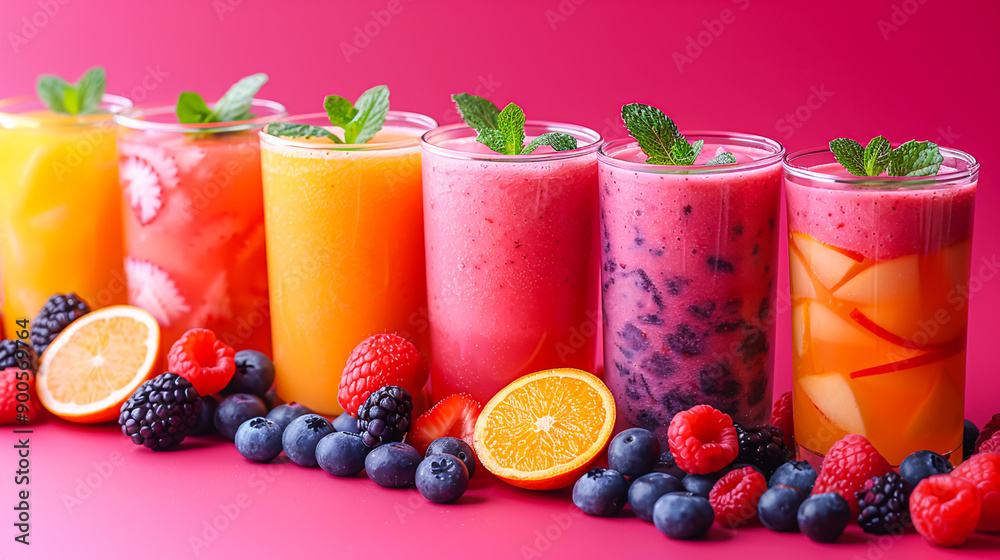 Vibrant Array of Freshly Made Smoothies - Healthy Drinks on Bright Background Vibrant Array of Freshly Made Smoothies - Healthy Drinks on Bright Background