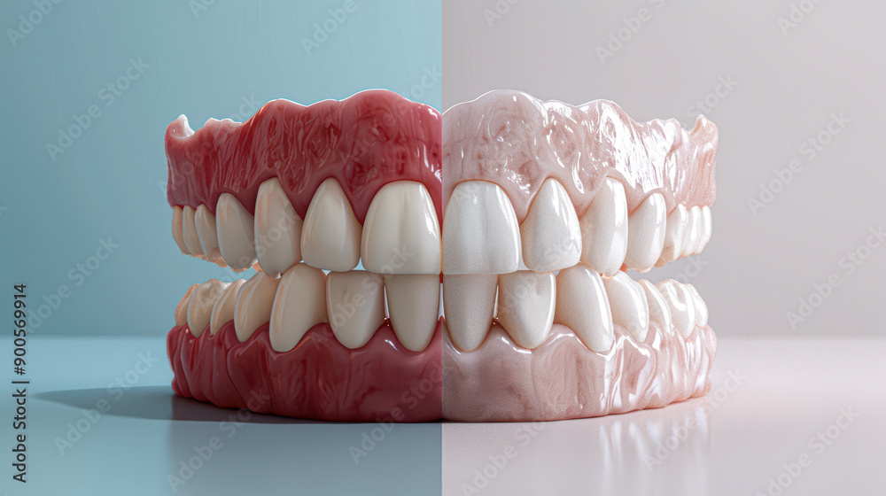 Fototapeta premium A close up of two sets of teeth, one with a red filling