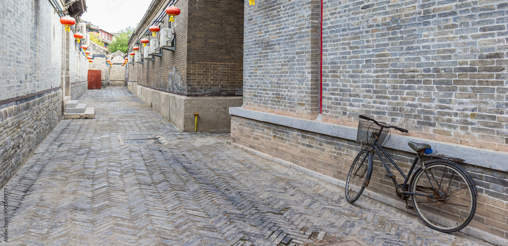 Panorama of a bicycle in a narrow street in Yangliuqing Town in Tianjin, China