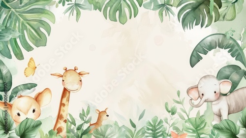 Wallpaper Mural Soft watercolor frame featuring adorable animals among lush plants, perfect for highlighting your text. Torontodigital.ca
