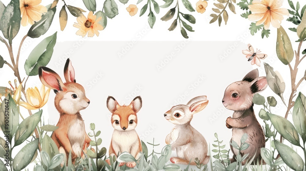 Naklejka premium Soft watercolor frame featuring adorable animals among lush plants, perfect for highlighting your text.