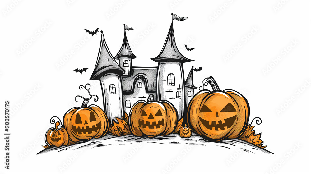 Halloween-themed doodle of castle with bats and pumpkins on white background. Halloween-themed doodle of castle with bats and pumpkins on white background.
