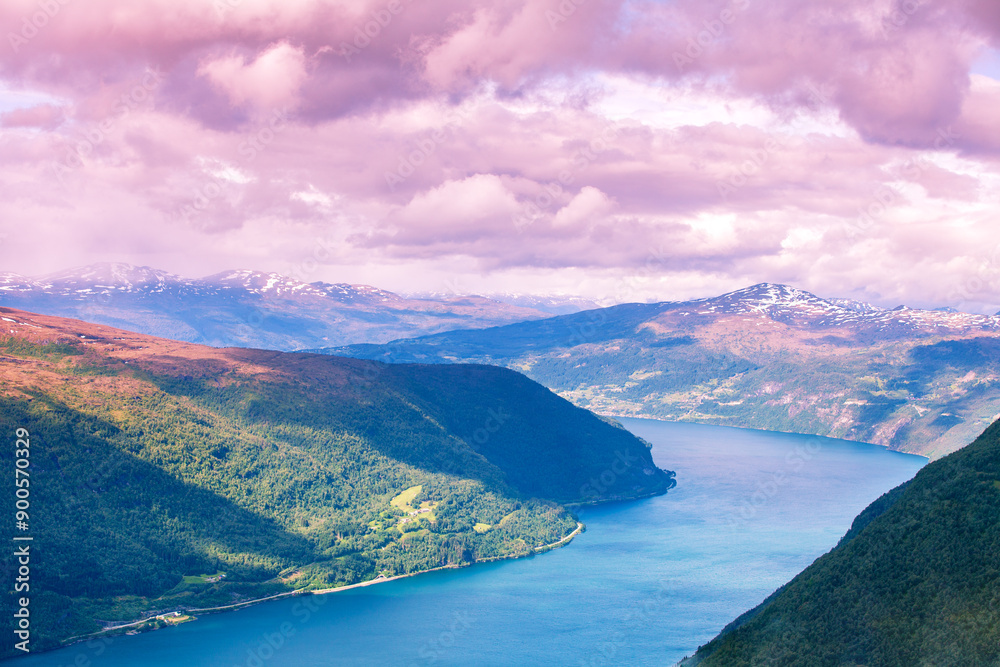 Aerial view of Innvikfjorden from Hoven Mount. Norway