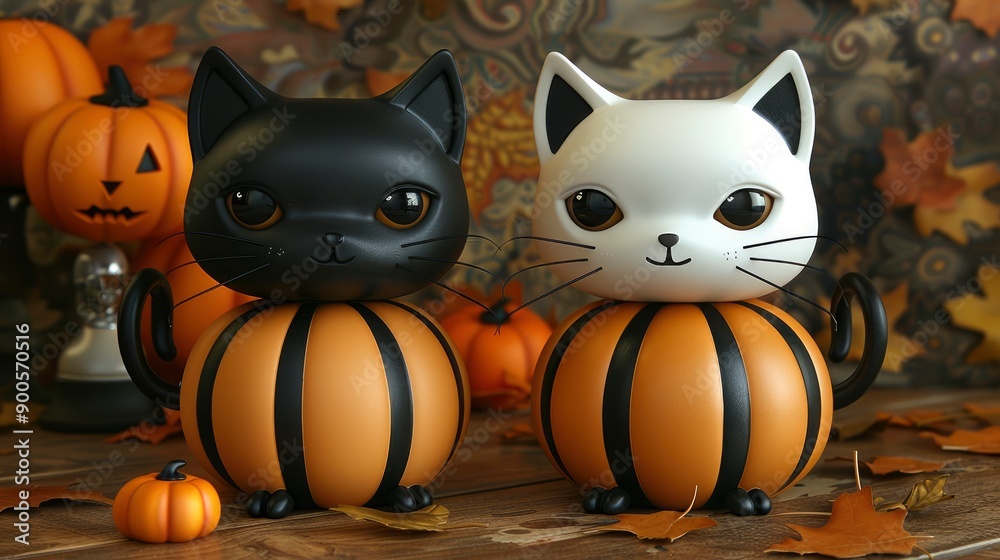 Obraz premium Cute Black and White Cats Sitting on Pumpkins for Halloween