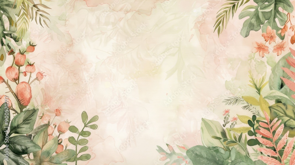 Soft watercolor frame featuring charming plants and animals, ideal for highlighting your text. Soft watercolor frame featuring charming plants and animals, ideal for highlighting your text.