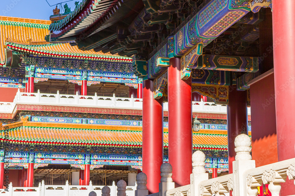 Red pillars and decoration in the Dabei Monastery in Tianjin, China