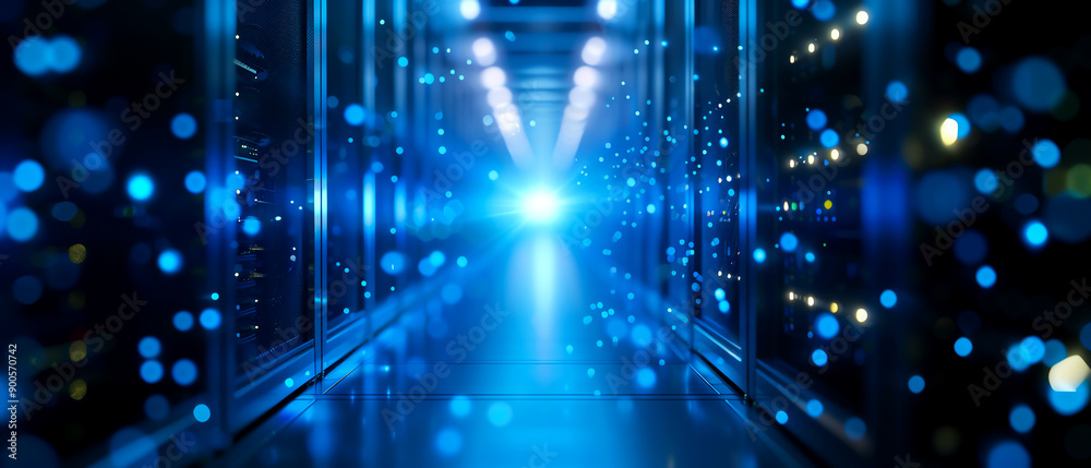 A captivating glimpse into a modern data center, showcasing illuminated servers and vibrant blue lights. A captivating glimpse into a modern data center, showcasing illuminated servers and vibrant blue lights.
