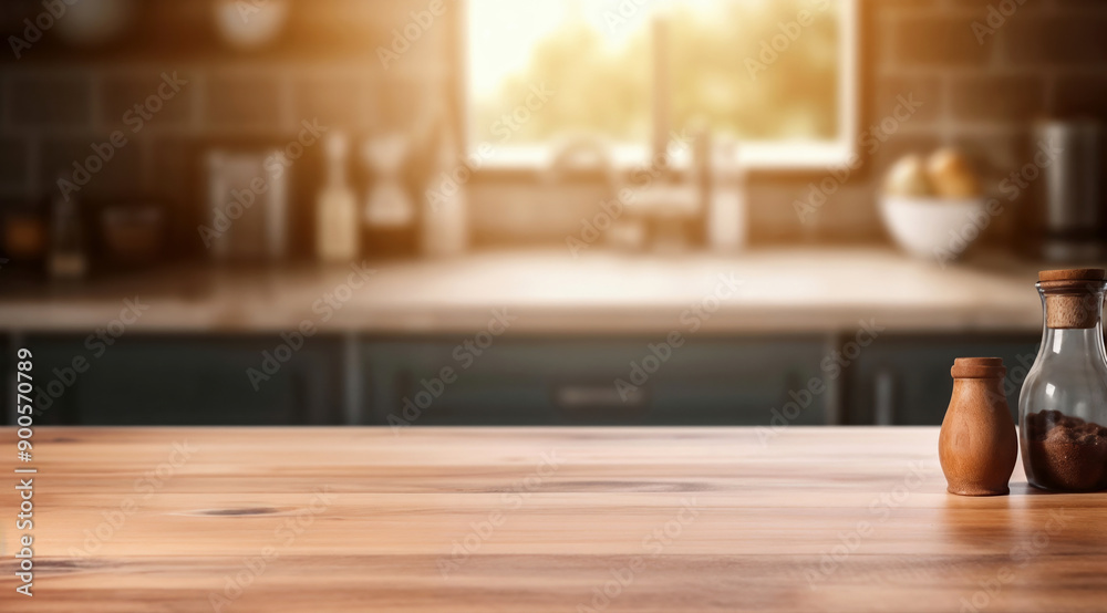 Empty wooden tabletop with spices in a blurred kitchen with sun shining through the window Empty wooden tabletop with spices in a blurred kitchen with sun shining through the window