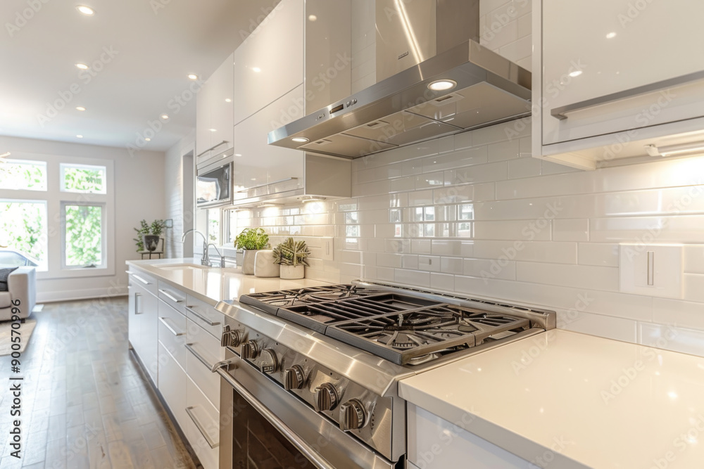 Modern White Kitchen with Stainless Steel Stove and Range Hood Modern White Kitchen with Stainless Steel Stove and Range Hood
