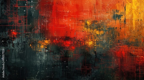 Grunge texture with bright tech overlays