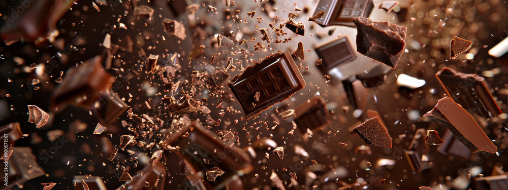 Chocolate Chunks Exploding in Mid-Air During Creative Culinary Experiment in Dimly Lit Kitchen Chocolate Chunks Exploding in Mid-Air During Creative Culinary Experiment in Dimly Lit Kitchen