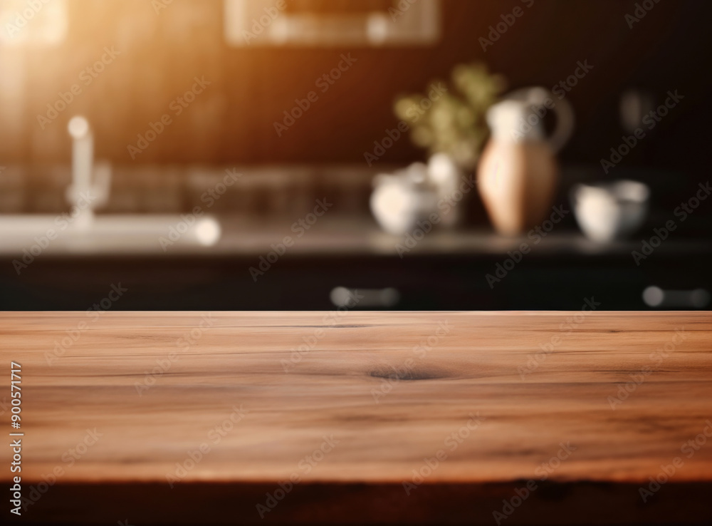 Obraz premium Empty wooden tabletop displaying products with blurry kitchen background