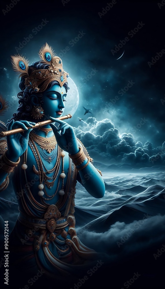 Lord Krishna Portrait against a dark sky Lord Krishna Portrait against a dark sky